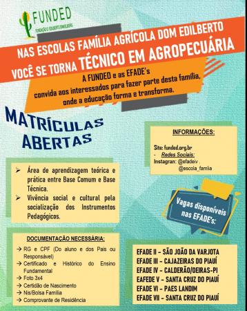 Escolas famílias agrícola abrem matriculas para o ano 2021